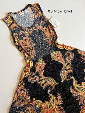 XS Lularoe Nicki sleeveless dress, navy with pink & orange paisleys